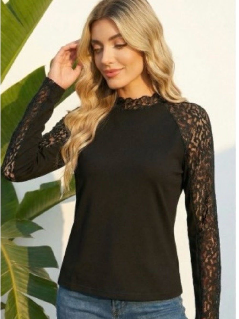Black Lace Sleeve Long-Sleeve Women's Top